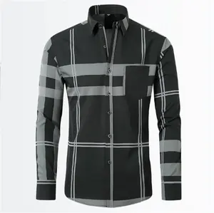 2023 Mens Striped Plaid Oxford Spinning Casual Long Sleeve Shirt Comfortable Breathable Collar Button Slim Male Business Dress