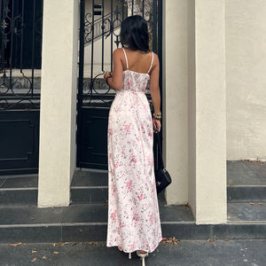 Vestido largo con estampado floral para mujer, vestido con tirantes finos ajustables y cuello en V con ribete de encaje y lazo en la espalda - Product Image 3