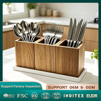 Porte-ustensiles de cuisine en bois d'acacia Natural House, ensemble de 3 supports à couverts avec plateau en marbre