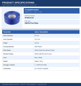 Filtre de remplacement HEPA en fibres électriques réutilisables et écologiques pour aspirateur, compatible avec les modèles <span class=keywords><strong>V11</strong></span> Sv14 et SV14-007, pour usage domestique - Product Image 2
