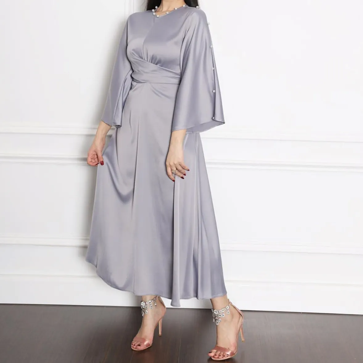 Fashion women's solid Satin Dress Satin Long Sleeved Dress