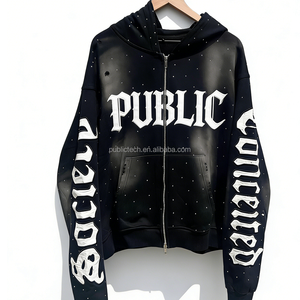 Sudadera con capucha personalizada de moda vintage para hombre, con bordado de apliques, efecto lavado, desgastado por el sol, con cremallera y adornos de pedrería en toda la prenda. - Product Image 2