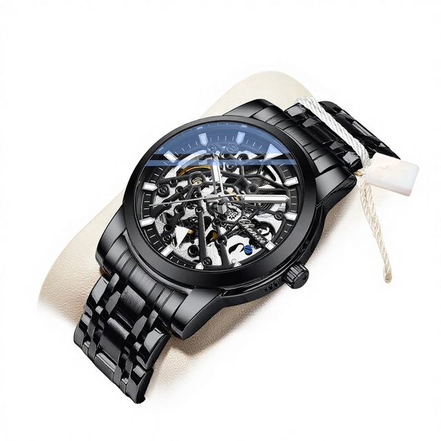 Hollow Men's Mechanical Automatic Watch 41mm Pointer Dial Alloy Stainless Steel Band Luminous Business Style 30M Water Resistant