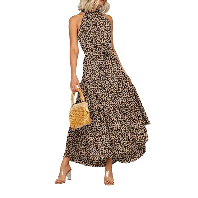 2022 Custom Sleeveless Long Maxi Backless Ruffle Sundress with Leopard Print Waist Strap Sexy Halter Neck Dresses for Women