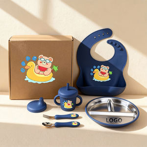 Ensemble de vaisselle pour bébé en silicone personnalisé par le fabricant, assiette en acier inoxydable pour enfant, bol à ventouse, gobelet d'apprentissage, bavoir, cuillère - Product Image 5