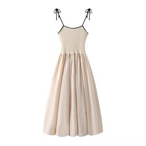 Women's Knit <b>Dress</b> <b>Elastic</b> Waist Sleeveless Contrast Color Splicing Breathable Slim Fit Long Summer Style - Product Image 5