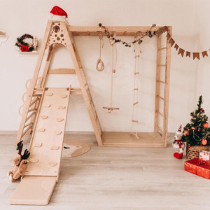 Aire de jeux intérieure inspirée de Montessori pour enfants, structure d'escalade en bois, toboggan, balançoire à corde, anneaux pour enfants - Product Image 3