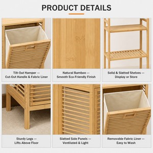 Armario de Lavandería de Bambú FSC de 2 Niveles con Cesto Extraíble, Estante Superior y Puerta de Listones para Almacenamiento de <span class=keywords><strong>Ropa</strong></span>, Venta al por Mayor OEM - Product Image 4
