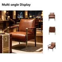 Fauteuil d'appoint en fer forgé martelé à la main, cuir pleine fleur marron vintage, fauteuil de loisirs de luxe pour salon et salle à manger