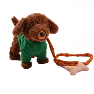 China Suppliers Wearing Green Shirt Brown Dog Plush Toy Walking Animal Electric Plush Toy Like a Real Dog with Rope