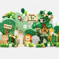 Set Dekorasi Pesta Safari Hutan, Papan Latar Tema Hutan, Kit Balon, Papan Busa KT Daur Ulang, Cetak Digital untuk Ulang Tahun ke-1