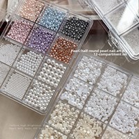 12 Grid Aksesoris Seni Kuku Mutiara Putih Bersih Bentuk Setengah Lingkaran Datar, Hiasan Kuku Grosir, Rhinestone Kuku