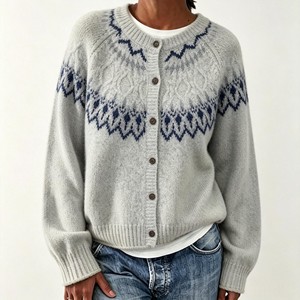 Cárdigan de punto para mujer, mezcla de lana de alpaca, con botones, cuello redondo, manga larga, diseño Fair Isle - Product Image 4
