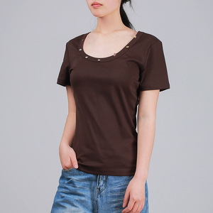 SUHE TS-026 Women's U-<b>neck</b> Short Sleeve T-shirt Mocha Cotton Knitted Breathable Slim Fit Top - Product Image 2