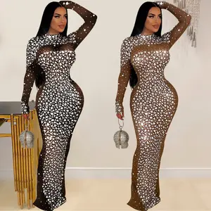 vestidos para mujer Europe and the United States fashion women's solid colour mesh hot drill high neck long-sleeved dresses