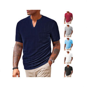 Chemise à manches courtes pour homme en coton, col en V, coupe ample, respirante, couleur unie, vêtement décontracté, tissu jacquard, taille M - Product Image 3