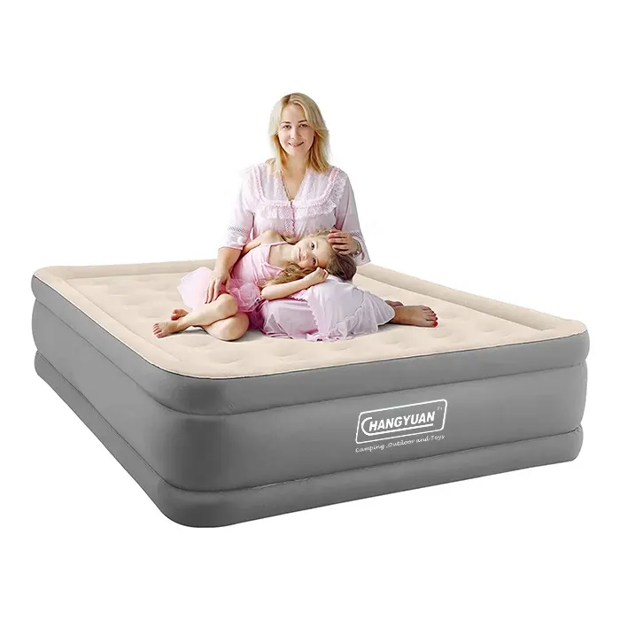 Custom Comfy Flocking PVC Queen size Inflatable Air Bed Mattress with Built in Pump