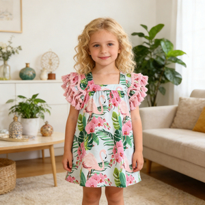 Vestido de Verano para Bebés y Niños Pequeños, <span class=keywords><strong>con</strong></span> Estampado Personalizado, Cuello Cuadrado Elegante, Volantes en Espiral de Flamenco, Manga Campana, Holgado, Transpirable, ODM - Product Image 4