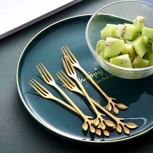 Stainless Steel Dessert Spoon Fork Set Leaf Pattern Gold Plated For Tea Time - Product Image 2