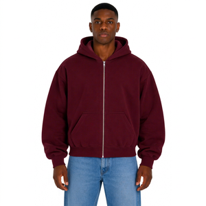 Sweat à capuche zippé bordeaux pour homme, en molleton décontracté, couleur unie, coupe classique, idéal pour l'automne, 100 % coton, anti-rétrécissement, 350g - Product Image 1