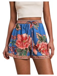 Shorts pour femmes à imprimé floral bleu, taille élastique, cordon de serrage, jambes larges, décontracté, pour les vacances d'été, vêtements de plage - Product Image 1