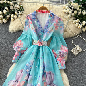 ชุดเดรสแขนยาวพิมพ์ลายวินเทจสำหรับผู้หญิง ชุดฤดูใบไม้ผลิ ชุดเดรสยาวทรงเข้ารูปผูกเอวหรูหราสำหรับ <span class=keywords><strong>Com</strong></span> - Product Image 6