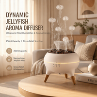Diffuseur d'huiles essentielles en forme de méduse avec lumières dynamiques colorées, humidificateur d'aromathérapie à effet flamme et finition bois