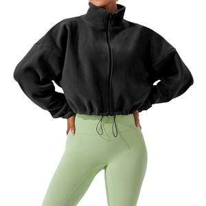 Women's <strong>Cropped</strong> Zip Hoodie Fleece Thickness Sportswear Solid Winter <strong>Sweaters</strong> Drawstring Coat Yoga <strong>Top</strong> - Product Image 3