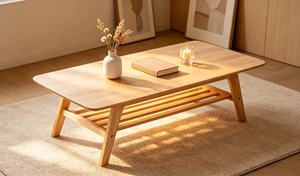 Table basse moderne en bois massif avec étagère de rangement, mobilier de salon scandinave, design minimaliste, table d'appoint basse - Product Image 5