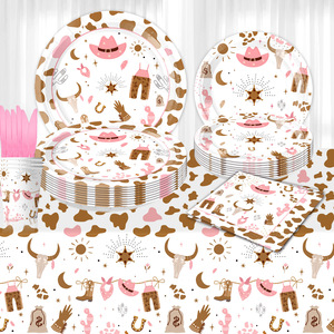 Ensemble de fournitures de fête Cowgirl rose, 60-80 pièces, assiettes, gobelets, serviettes jetables, décorations de table d'anniversaire - Product Image 3