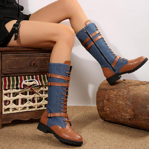 Bottes hautes pour femmes, style européen et américain, à bout rond, en PU et denim patchwork, à lacets, style motard, polyvalentes, tendance, confortables et originales - Product Image 2