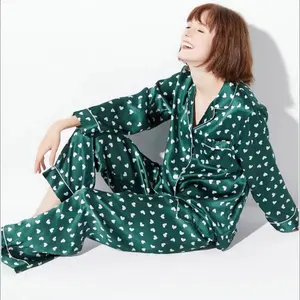 Groothandel Womens Oversized Pyjama Set Zomer Satijn Broek Button-Down Zijde Lange Mouw Pyjama Nachtkleding Nacht Broek Set Volwassenen