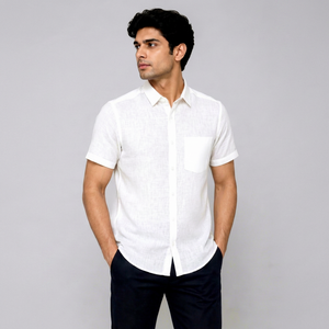 Chemise boutonnée à manches courtes en lin blanc pour homme, tenue décontractée d'été avec poche poitrine, motif uni, 140g - Product Image 1