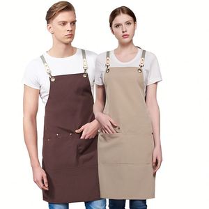 Delantal unisex de algodón y lona con cuello largo y tirantes cruzados ajustables para restaurante, delantal de cocina económico - Product Image 4