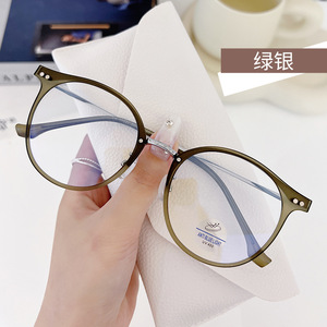 Monturas de gafas redondas de estilo coreano para mujer, tamaño mediano, lentes de PC, protección contra luz azul, lentes planas, negro y plateado - Product Image 2