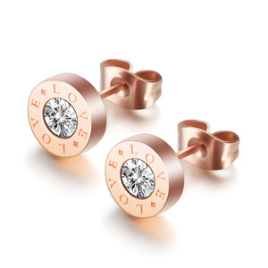 Rose Gold Plated Love Engraved <b>Stud</b> <b>Earrings</b> 8mm Round Bezel Set <b>Crystal</b> Women's Fashion Jewelry Gift - Product Image 3