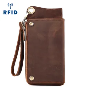 Custom Cow Leather Card Holder Wristlet Keychain Wallets Rfid Slim Zipper Long Genuine Leather Wallet for Men Women