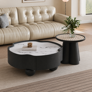Ensemble <span class=keywords><strong>de</strong></span> tables basses modernes irrégulières avec plateau <span class=keywords><strong>en</strong></span> marbre blanc et <span class=keywords><strong>table</strong></span> d'appoint <span class=keywords><strong>en</strong></span> <span class=keywords><strong>rotin</strong></span> pour salon - Product Image 1