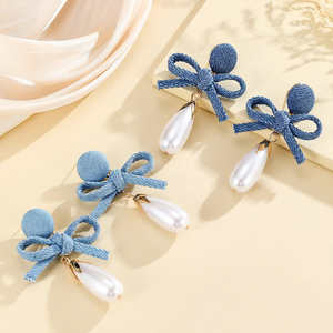<span class=keywords><strong>Orecchini</strong></span> Vintage con Fiocco in Denim e <span class=keywords><strong>Perle</strong></span> Finte, Stile Europeo e Americano, Gioielli Artigianali Blu per Donna - Product Image 2