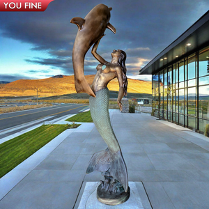 YOUFINEカスタムクラシックガーデンプールライフサイズ鋳造ブロンズ人魚イルカとカメの彫刻 - Product Image 3