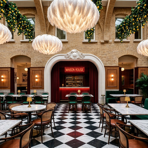 Intérieur du restaurant Maison Rouge avec tables en marbre, chaises en velours vert, luminaires LED au plafond. Design d'intérieur de restaurant. - Product Image 1