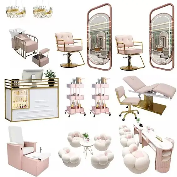 Sillas de salón rosas al por mayor, muebles de uñas y muebles de salón dorados, silla de pedicura de manicura profesional moderna