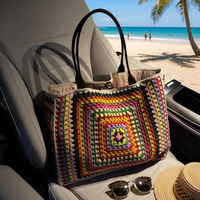 Grand sac fourre-tout en crochet fait main Granny Square, sac à bandoulière tricoté coloré style bohème avec fermeture éclair, écologique, grande capacité, pour l'été et la plage