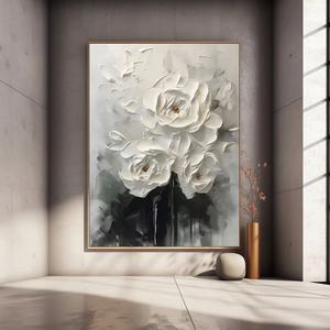 Grande Peinture Murale Moderne en Plâtre Texturé à Fleurs Blanches, Décoration Créative Personnalisée, Cadeau d'Art pour l'Aménagement Intérieur - Product Image 1