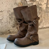 Nouvelles Bottes Western Vintage pour Femme Automne Hiver, Style Cowboy Ample avec Double Boucle Métallique, Mi-Mollet, Vente en Gros OEM ODM