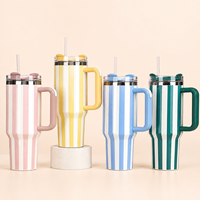 Vaso Térmico de 40 Onzas con Diseño Cabana Stripe y Asa Lateral, Tapa Transparente, para Programas de Mercancía de Boutiques Preppy