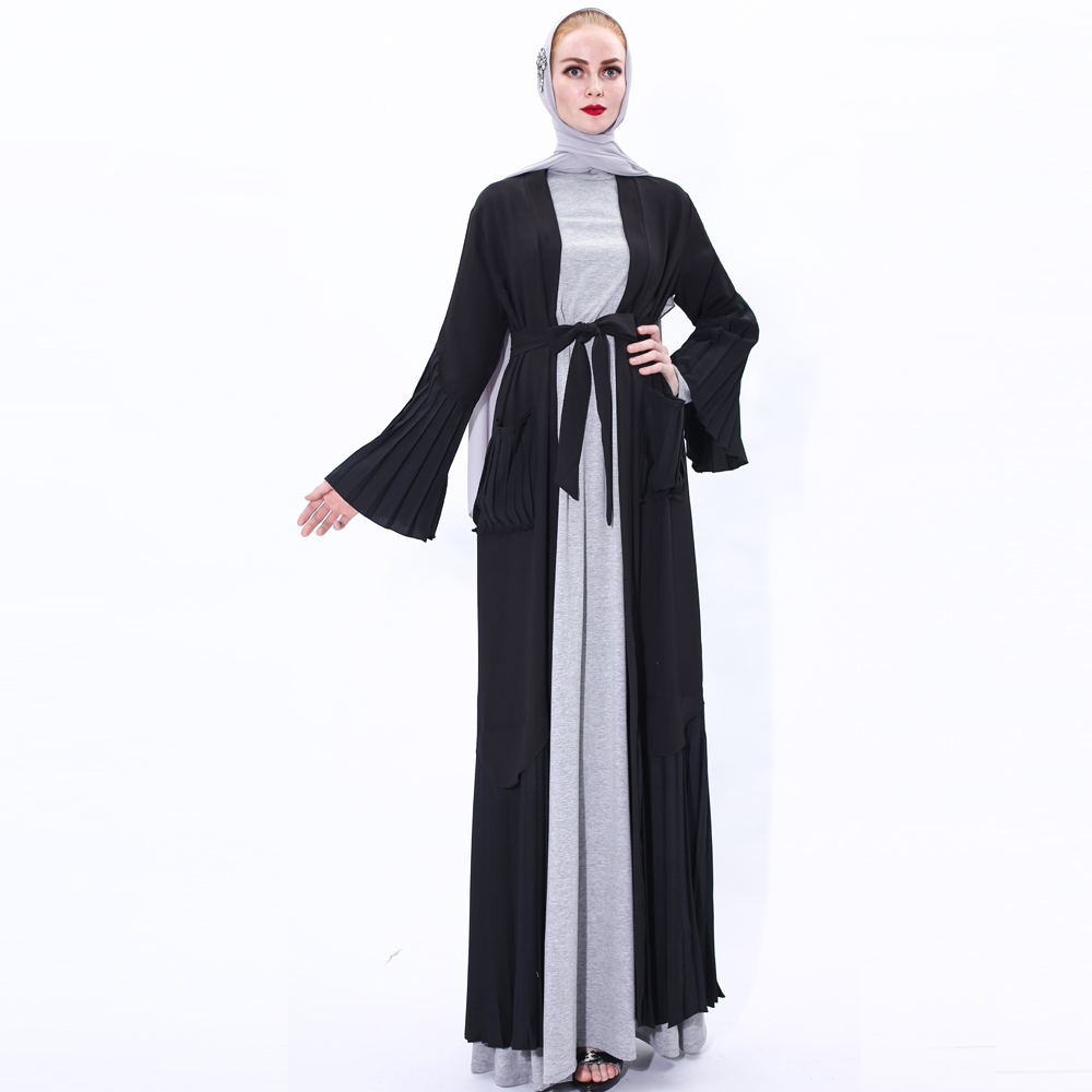Muslim Women Abaya Dress Long Sleeve Robe Cardigan with belt Design Trumpet pleated Sleeve Lady Long Sleeve Maxi Dress 91225