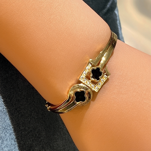 Fashion Bangle 316L Stainless Steel PVD Gold Plating Black Clover Design <b>Crystal</b> Accent <b>Bracelet</b> - Product Image 3