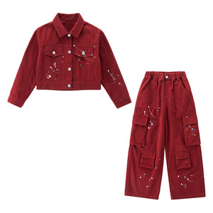 Conjunto de Mezclilla Roja Estilo Coreano para <span class=keywords><strong>Niñas</strong></span> 2025, Traje de Primavera/Otoño para <span class=keywords><strong>Niñas</strong></span>, Diseño Sólido - Product Image 6