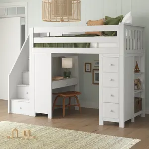 Wood Bunk Bed Child Bed For Kids Bedroom Set Space Saving Kids Bunk Bed with Desk Storage Staircase